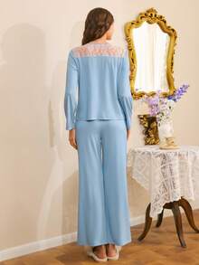 French Elegant Romantic Lace Patchwork Ribbed Knit Long Sleeve Women Pajama Set - Blue - View 2