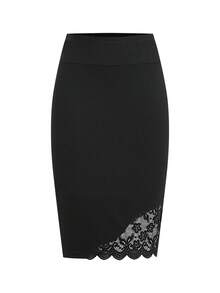 SHEIN Clasi 女士优雅撞色蕾丝修身铅笔裙，黑色休闲夏季女装，女士休闲优雅中长裙，修身，弹力，百搭，经典，适合办公室穿着，教师服装 - 黑色 - 查看 8