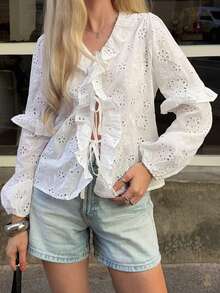 Livesso Ruffled White Hollow-Out Casual Loose Blouse For Women, Spring/Vacation - White - View 6