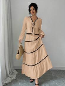 Rafferiza 2件套 法式优雅灯笼袖荷叶边蝴蝶结上衣和裙子 - 卡其色 - 查看 4