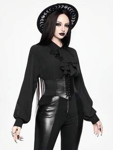 ROMWE Áo sơ mi nữ cổ bèo kiểu Gothic cổ điển cài cúc phía trước, mùa thu - màu đen - Xem 6