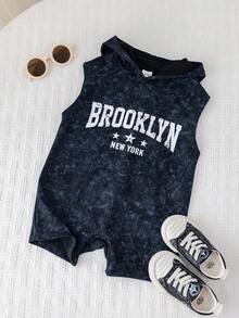 SHEIN 男女宝宝通用款黑色扎染无袖连帽连体衣，男宝宝套装，婴儿连体衣 - 黑色 - 查看 1