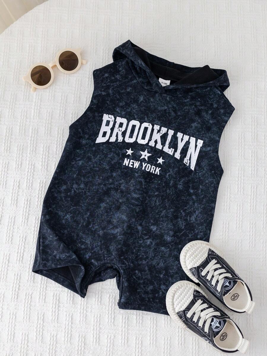 SHEIN 男女宝宝通用款黑色扎染无袖连帽连体衣，男宝宝套装，婴儿连体衣 - 黑色 - 查看 1