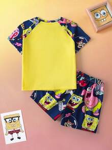 SpongeBob SquarePants | SHEIN 男童字母卡通图案圆领短袖上衣和短裤睡衣套装 - 藍色 - 查看 2