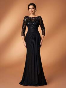 Serin 优雅奢华的珍珠亮片刺绣蕾丝贴花薄纱袖针织网纱荷叶边鱼尾连衣裙，适合婚礼、派对、节日、新娘、新娘母亲、晚礼服等场合。 - 黑色 - 查看 8