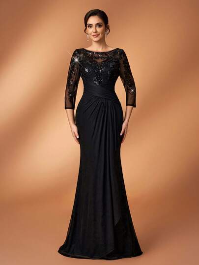 Serin 优雅奢华的珍珠亮片刺绣蕾丝贴花薄纱袖针织网纱荷叶边鱼尾连衣裙，适合婚礼、派对、节日、新娘、新娘母亲、晚礼服等场合。