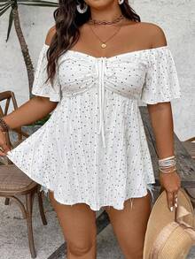 SHEIN VCAY 大码复古假日百搭波点条纹露肩荷叶边下摆女式上衣T恤 - 白色 - 查看 2