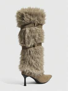 CUCCOO SZL Women's Pointed Toe Faux Fur Patchwork Knee-High Heeled Boots Valentine's Day - Khaki - View 4