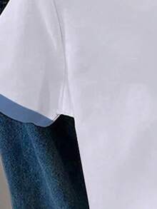 Áo thun ngắn tay cổ tròn in hình trái tim, phối viền tương phản màu trắng và xanh nhạt dành cho nữ tuổi teen, kiểu dáng ngọt ngào và tươi mới, chất liệu giả denim, thích hợp cho các buổi đi chơi, mùa xuân, hè, thu, dáng ôm hoặc dáng ngắn. - Nhiều màu - Xem 3