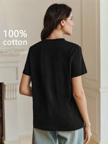 Anewsta Women's Fashionable Elegant Casual Black Short Sleeve T-Shirt, Versatile From Spring To Summer - Black - View 2