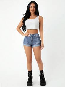 SHEIN PETITE Quần short denim nữ cạp cao, có túi, rách gấu, dáng ôm, phong cách thường ngày, đa năng. - Màu xanh lam - Xem 3