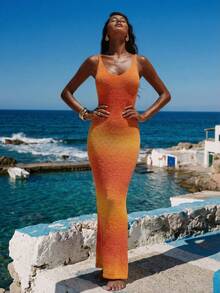 Nevyona Women's Basic Fashion Holiday Summer Beach Gradient Knit Slip Dress - Orange - View 7