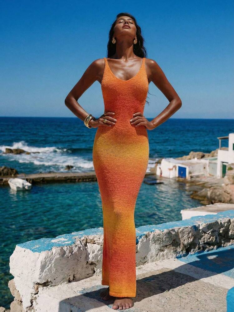Nevyona Women's Basic Fashion Holiday Summer Beach Gradient Knit Slip Dress - Orange - View 7