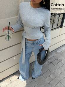 Siren Gaze 女士纯色圆领长袖修身T恤，秋冬季 - 灰色 - 查看 1