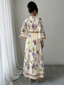 Yasmyna 女士印花V领喇叭袖优雅连衣裙，度假款 - 紫色 - 查看 2