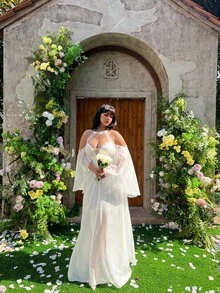 Lyrianda 法式复古柔软雪纺薄纱小众优雅新娘婚纱，露肩、V领、挂脖、无袖披肩，搭配同色蕾丝拼接优雅婚纱，白色 - 白色 - 查看 7