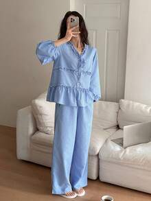 DAZY 格子荷叶边灯笼袖宽松女士睡衣套装 - 藍色 - 查看 5