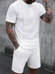 Manfinity CasualCool 男士纯色纽扣半开襟短袖T恤和抽绳腰短裤休闲套装 - 白色 - 查看 6