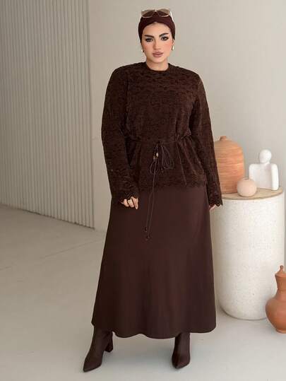 Dazy Plus Elegant Set: Elastic Fitted Sleeveless Long Knit Dress & Crew Neck Lace Long Sleeve Pullover, Plus Size Women, Spring/Summer 2pcs Set