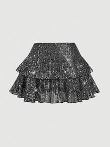 SHEIN MOD 女士黑色亮片低腰荷叶边迷你裙 - 銀色 - 查看 2