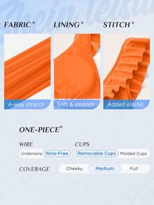 Swim Vcay 2026春夏新款女士泳装上市，适合度假、约会、西部风情、邮轮、海滩、海岛、公路旅行、四季皆宜、音乐节、波西米亚风度假、秋日休闲波西米亚Y2K褶皱短裤、优雅复古休闲女士纯色荷叶边性感连体泳衣、橙色度假泳衣、橙色连体衣、夏季连体衣、橙色比基尼、橙色沙滩裙、荷叶边泳衣、橙色度假套装、橙色连体裤、橙色连体泳衣、橙色泳装、女士泳装、橙色荷叶边泳衣 - 橘色 - 查看 4