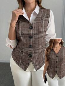 Elenzga 大码女式单排扣无袖马甲，优雅黑色收腰西装马甲，时尚百搭，适合工作、派对、休闲商务场合。棕色西装外套，格子印花，前襟纽扣，优雅长袖格子西装外套，宽松秋季女装，适合职场女性、商务女性、职业女性，适合办公室女性穿着。 - 彩色 - 查看 1