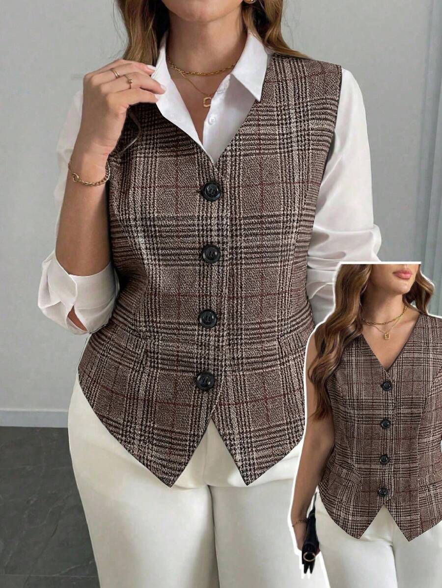 Elenzga 大码女式单排扣无袖马甲，优雅黑色收腰西装马甲，时尚百搭，适合工作、派对、休闲商务场合。棕色西装外套，格子印花，前襟纽扣，优雅长袖格子西装外套，宽松秋季女装，适合职场女性、商务女性、职业女性，适合办公室女性穿着。 - 彩色 - 查看 1