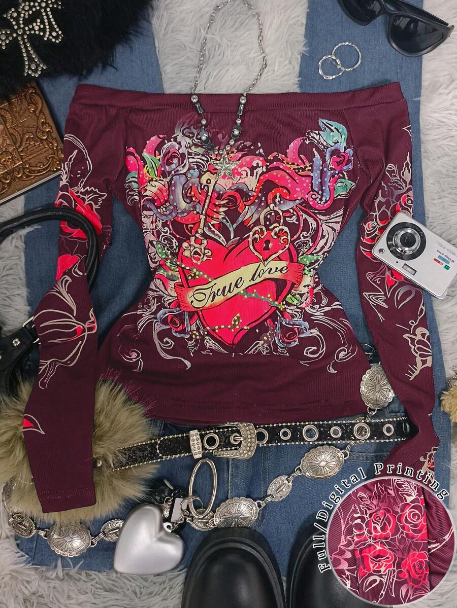 SHEIN 女士 Y2K 单线印花长袖上衣,“真爱”锁,情人节完美之选,时尚 Y2K 辣妹,颓废摇滚风。 - 彩色 - 查看 1