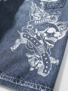 ROMWE MEN Men's Letter & Skull Print Pocket Casual Denim Shorts - Blue - View 3