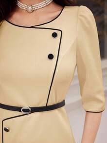 Vintamour 复古优雅女士撞色连衣裙，夏季白色，七分袖，直筒连衣裙，圆领设计，尽显古典韵味。这款连衣裙适合优雅的商务休闲场合，是女士工作服、白色连衣裙、优雅得体连衣裙、外出装、办公室礼服、教堂礼服等各种场合的理想之选。 - 卡其色 - 查看 5