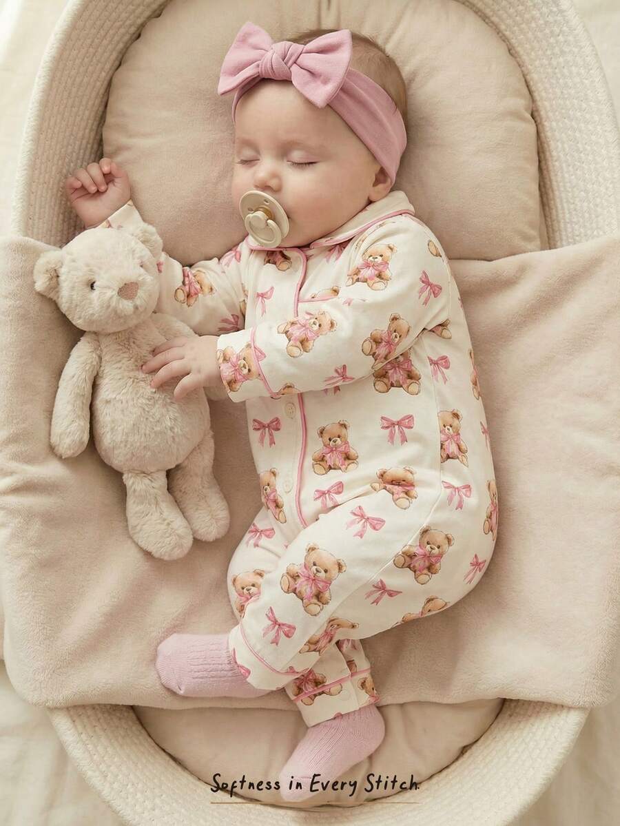 Cozy Pixies Newborn Baby Girl Cartoon Bear Pattern Knitted Soft Collar Long Sleeve Romper With Pants,Spring To Summer - Multicolor - View 1