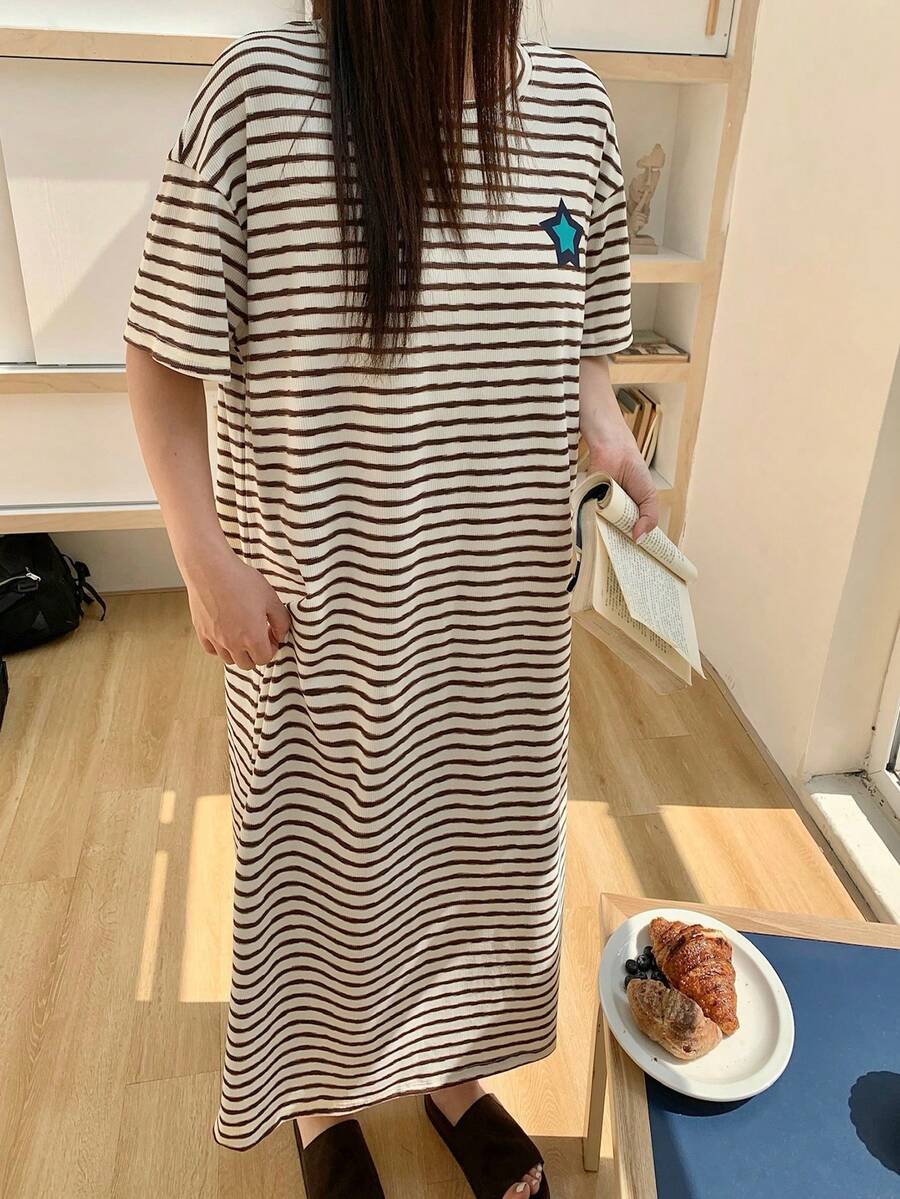 Dazy Plus Cute Striped Pattern Print Loose Fit Plus Size Women Long Nightgown - Khaki - View 1