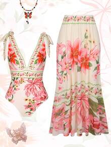 Swim Oasis 一件式印花连体泳衣，时尚沙滩度假套装，夏季 - 彩色 - 查看 1