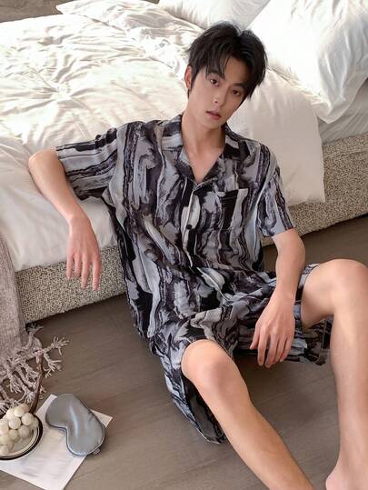 DAZY 男士多色短袖衬衫短裤睡衣套装，夏季