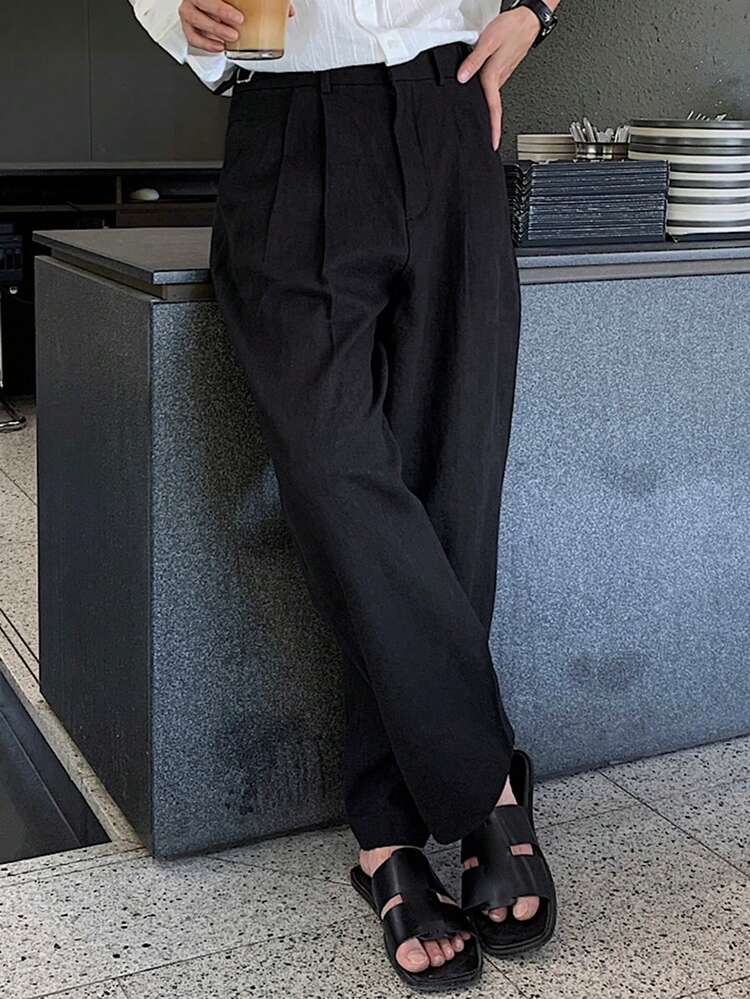 Men's Solid Black Commuter Pants With Adjustable Waistband, Spring/Summer