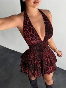 SHEIN SXY 豹纹荷叶边露背无袖连衣裙 - 紅色 - 查看 1