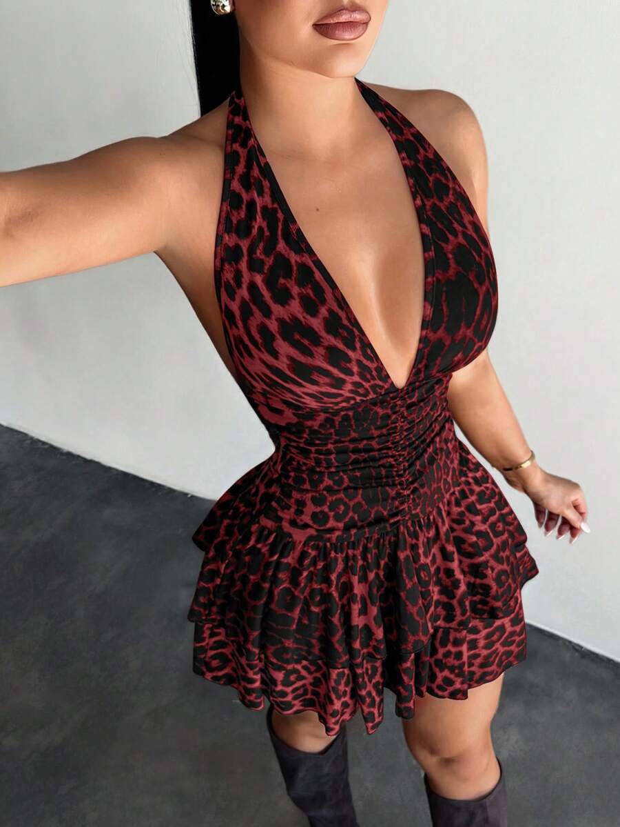 SHEIN SXY 豹纹荷叶边露背无袖连衣裙 - 紅色 - 查看 1