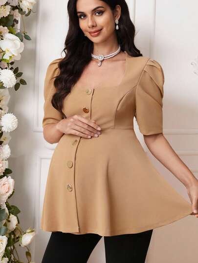 SHEIN 孕妇纯色单排扣休闲百搭日常短袖衬衫