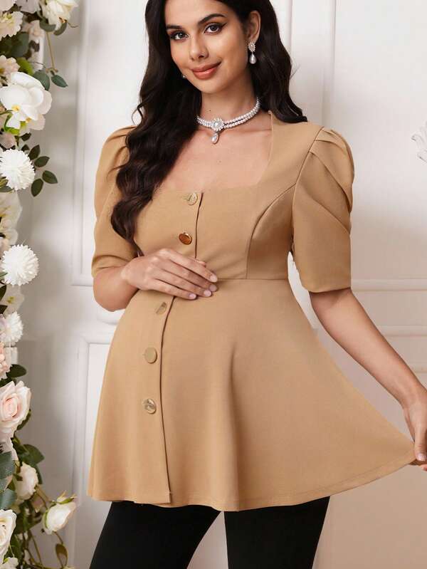 SHEIN Maternity Clothes  Maternity Tops Pregnant Clothes  Maternity Solid Color Single-Breasted Casual Versatile Daily Wear Short Sleeve Shirt,Metal Buttons, Puff Sleeves, A-Line Top