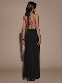 SHEIN BAE Đầm nữ gợi cảm tối giản màu trơn, xẻ tà cao, cổ chữ V sâu, hở lưng, buộc dây, thích hợp cho mùa hè. - màu đen - Xem 2