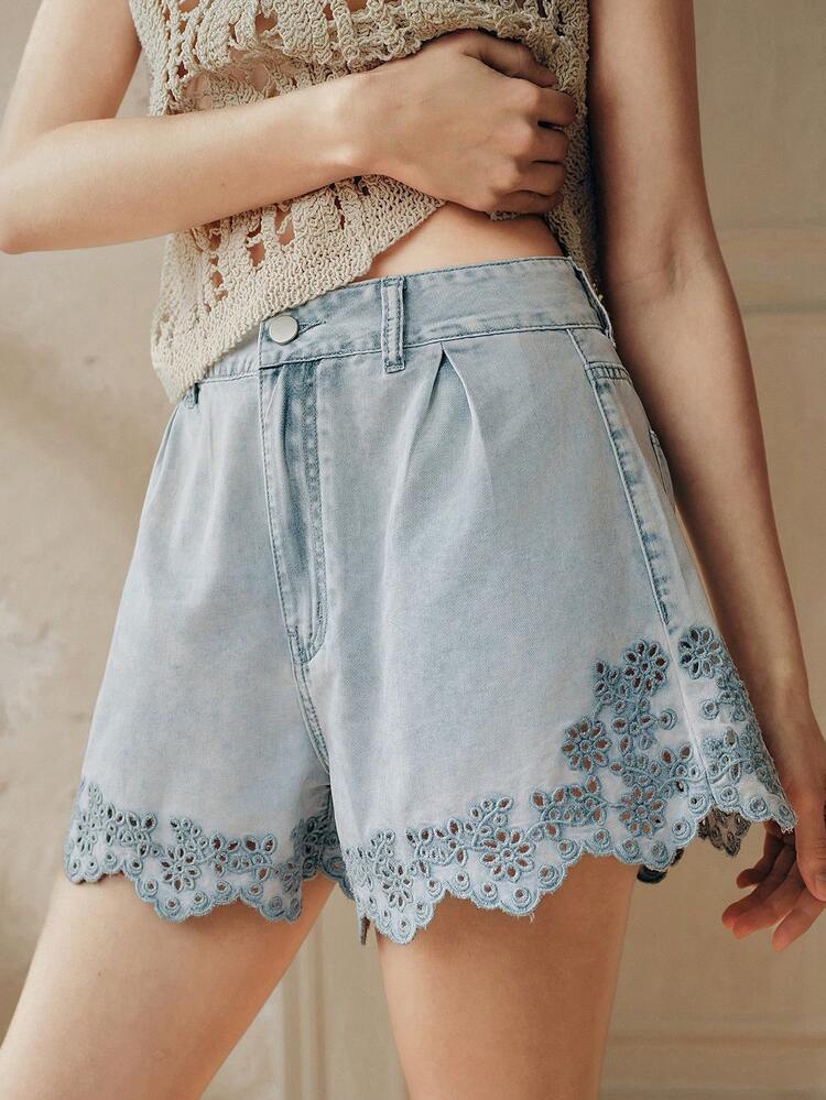 Women's Fashionable Sexy Hollow Floral Embroidered Romantic Valentine's Day Party Vacation Blue Casual Shorts Jeans, Spring/Summer Elegant Shorts Romwe Shorts Light Blue Shorts Western Shorts