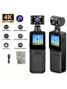 [4K Portable Camera] 4K Portable Video Blogging Camera | 270° Rotating CMOS Lens, USB Rechargeable, Suitable For Photography, Video Recording, And Audio Recording Travel, Action Camera, With 32G SD Card Memory Card - Black - View 1