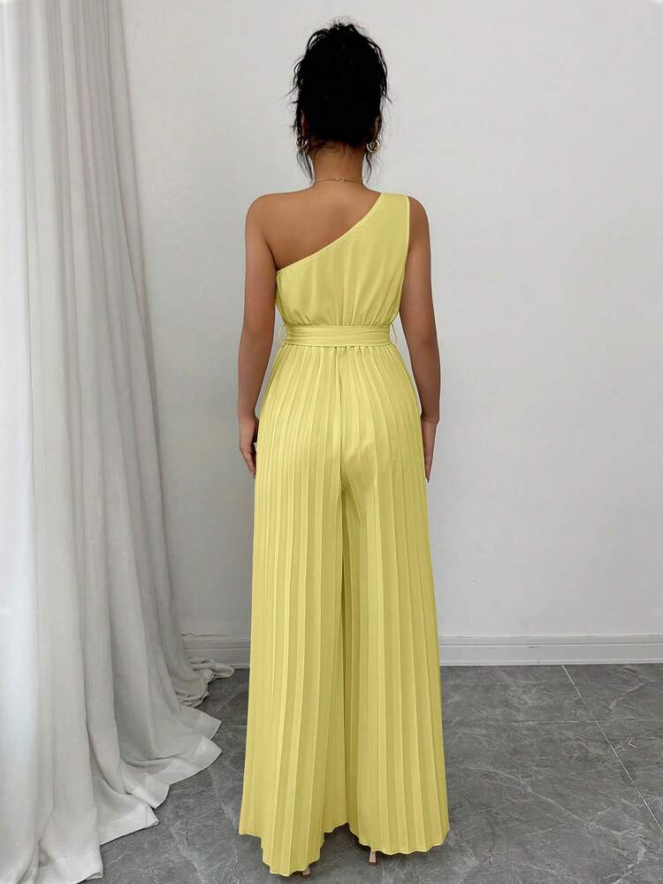 Elenzga Mono elegante de unicolor con cintura fruncida para mujer - Amarillo claro - Añade 2