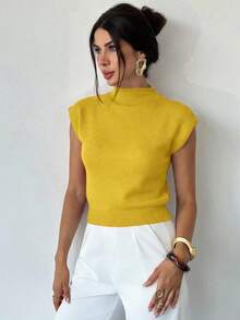 Firerie Áo len không tay cổ cao dáng rộng thanh lịch, đa năng, thích hợp mặc đi chơi hoặc đi học vào mùa thu/đông. - Màu vàng - Xem 4