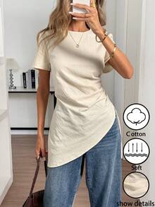 Elyressa 纯色圆领褶裥不对称下摆优雅短袖衬衫 - 杏色 - 查看 1