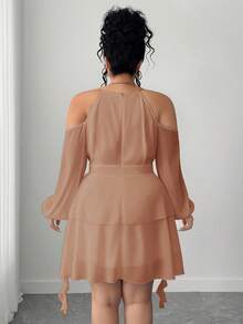 Elenzga Plus Size Women's Open Shoulder Solid Color Keyhole Neck Lantern Sleeve Dress - Khaki - View 2
