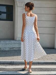Cévolie 女士时尚休闲波点印花无袖连衣裙 - 黑與白 - 查看 2