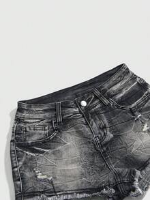 ROMWE Grunge Punk Y2K 性感复古米字旗刺绣镶钻超低腰牛仔短裤（女款） - 灰色 - 查看 3