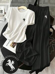 SHEIN Tween Girls' Fitted Casual Round Neck Short Sleeve T-Shirt And Pants Set - Multicolor - View 1