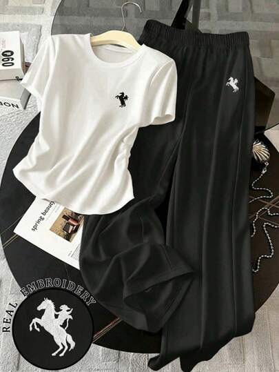 SHEIN 少女修身休闲圆领短袖T恤和裤子套装